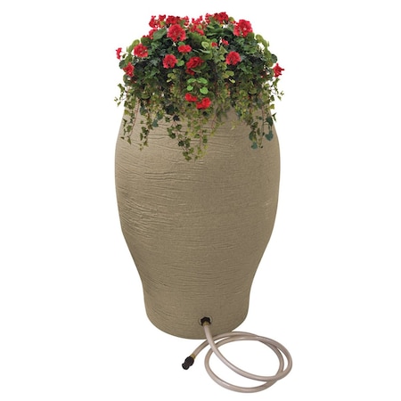 Emsco Group Stoneware Urn Rain Barrel, Includes Planter, Rain Water Diverter, Outlet Hose, 60 Gallons, Sand 2263-1
